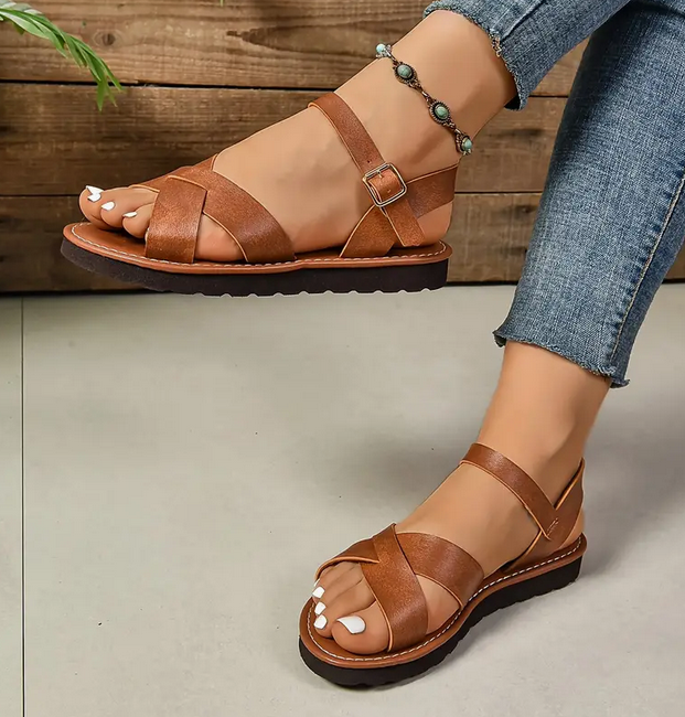 Elegant Cross Strap Sandals with Ankle Strap for ladies Tan Colour Size 6.5