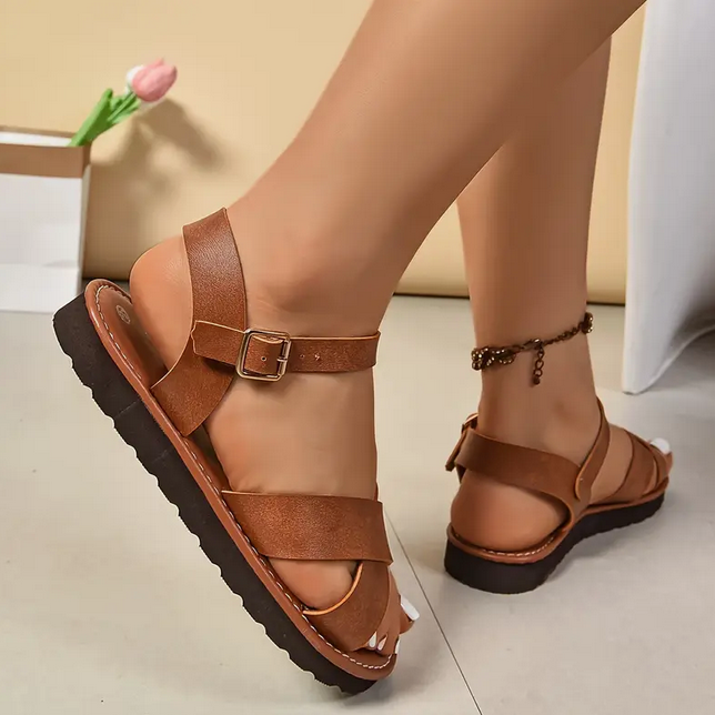 Elegant Cross Strap Sandals with Ankle Strap for ladies Tan Colour Size 6.5