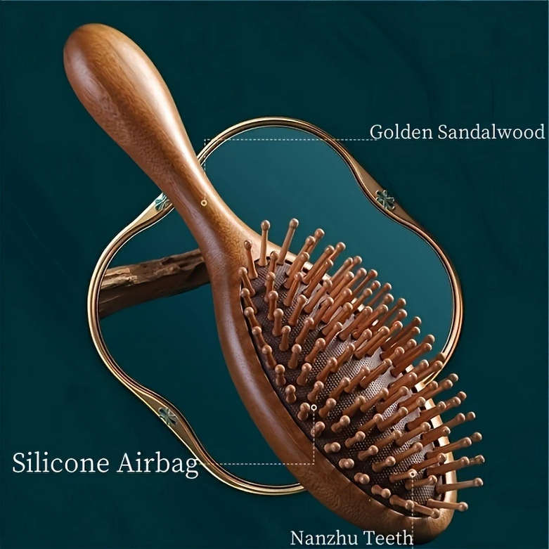 Sandalwood Hair Brush Engraved Rose Gold Makeup Mirror and Earrings