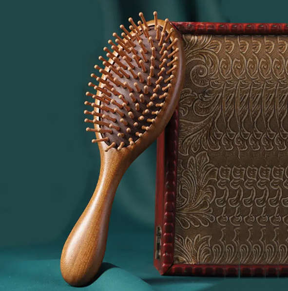 Sandalwood Hair Brush Engraved Gold Makeup Mirror and Earrings