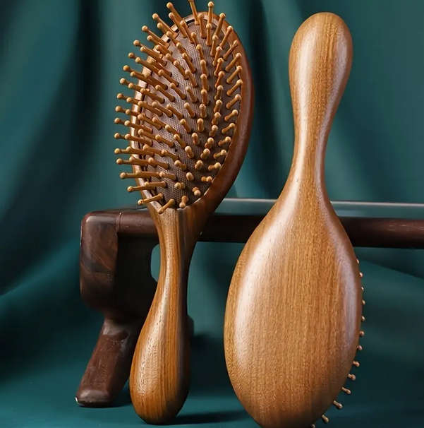 Sandalwood Hair Brush Engraved Gold Makeup Mirror and Earrings