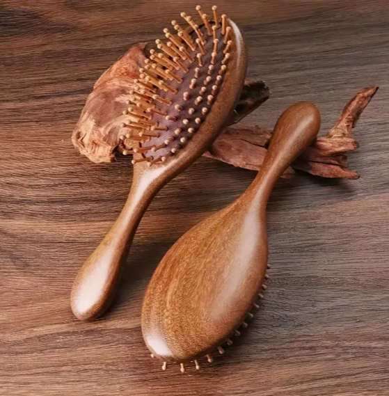Sandalwood Hair Brush Engraved Gold Makeup Mirror and Earrings