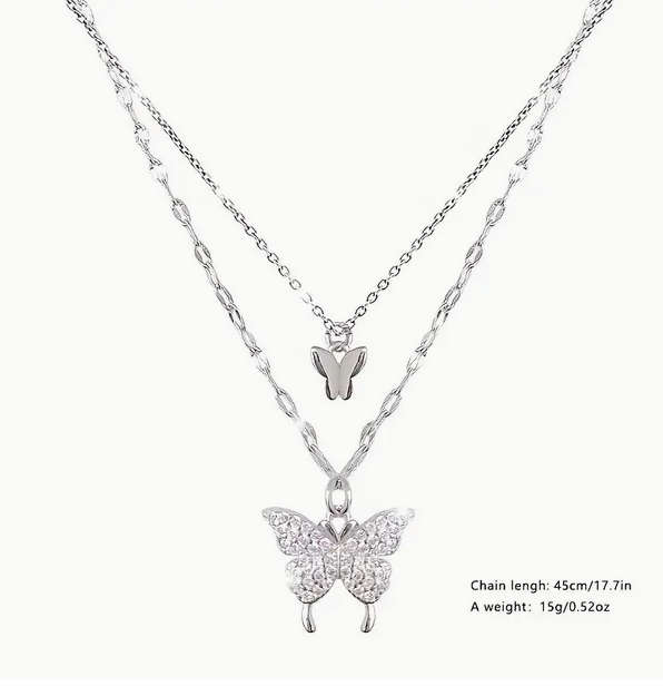 Watch and Double Layer Butterfly Pendant Necklace