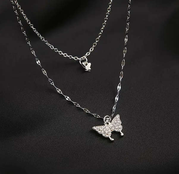 Watch and Double Layer Butterfly Pendant Necklace