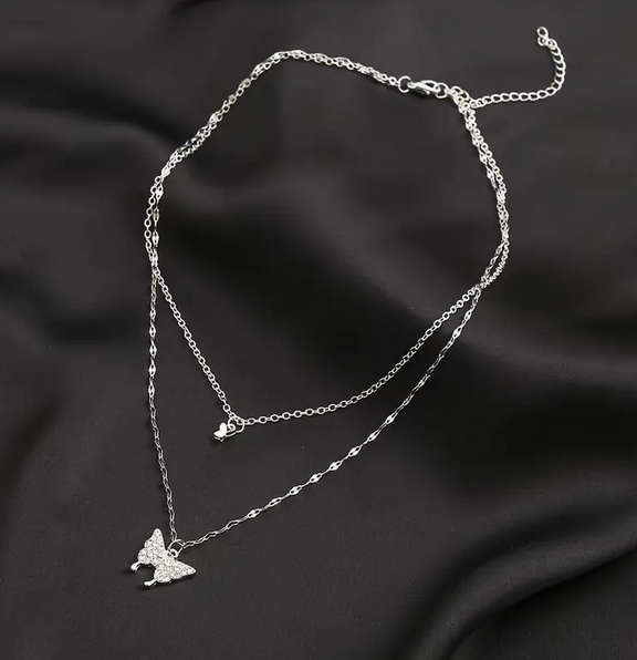 Watch and Double Layer Butterfly Pendant Necklace