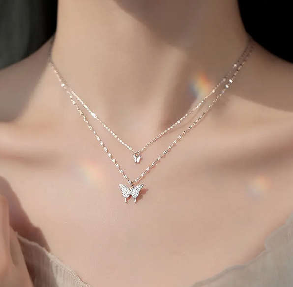 Watch and Double Layer Butterfly Pendant Necklace