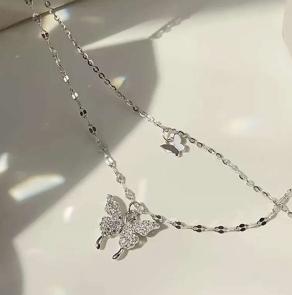 Watch and Double Layer Butterfly Pendant Necklace