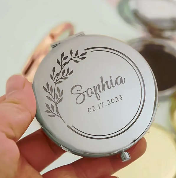 Sandalwood Hair Brush Engraved Silver Makeup Mirror and Earrings