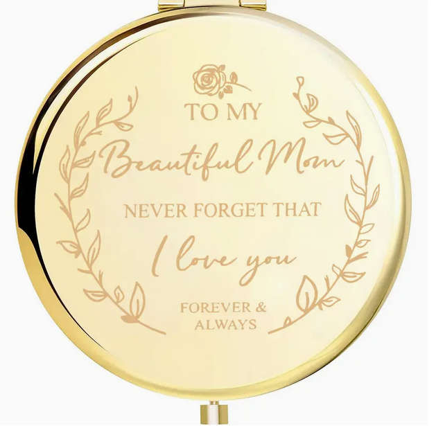 Sandalwood Hair Brush Engraved Gold Makeup Mirror and Earrings