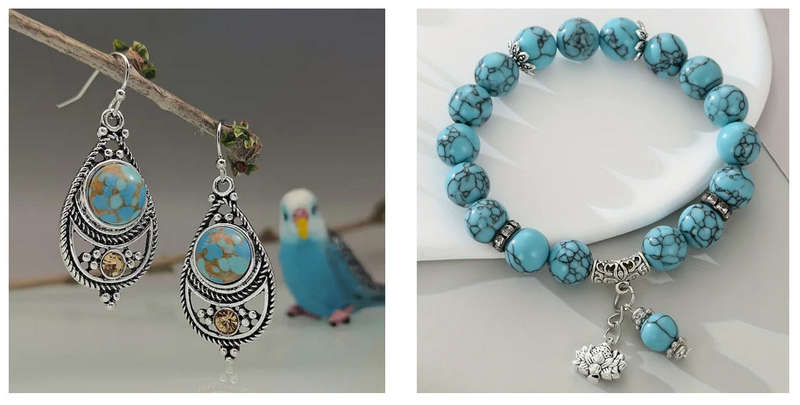 Vintage Style Earrings and Bracelet Set - Turquoise