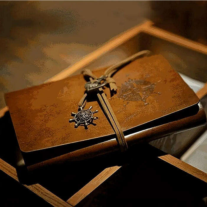 Vintage Compass Embossed Journal with Wrap Closure - Brown