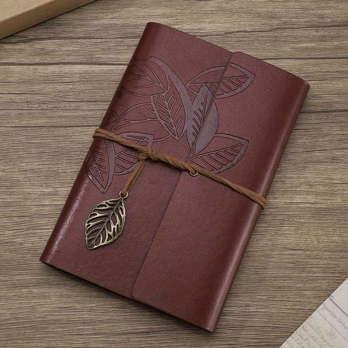 Vintage Leaf Embossed Journal with Wrap Closure - Brown