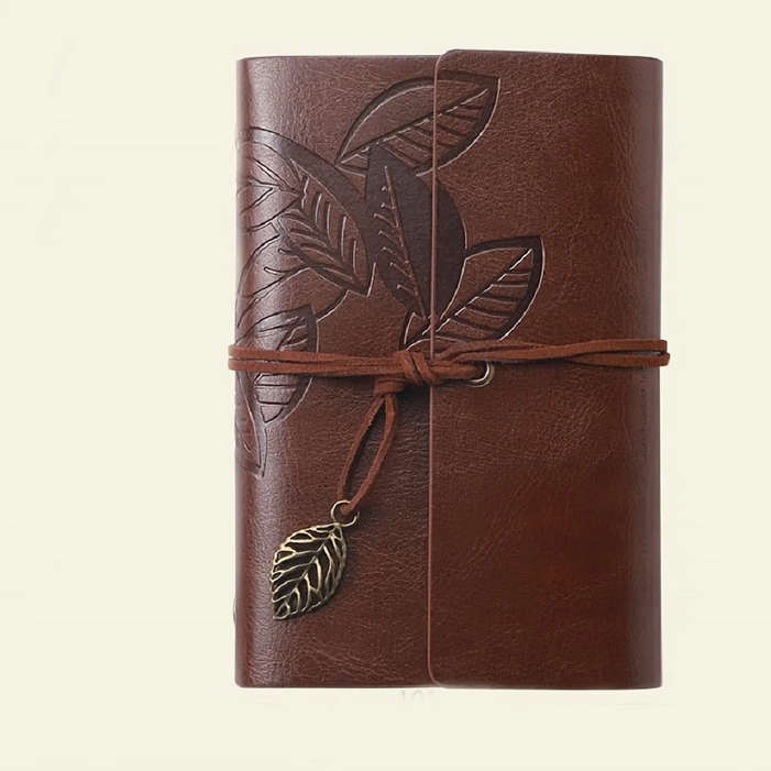 Vintage Leaf Embossed Journal with Wrap Closure - Brown