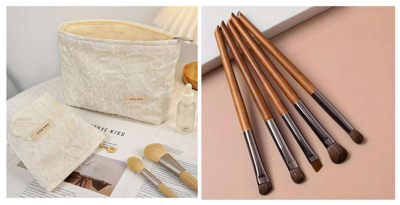 Vintage Style Makeup Bag with 5 PCS Birchwood Makeup Brush Set