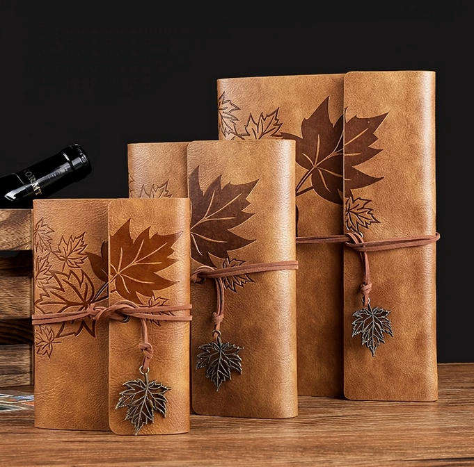 Vintage Maple Leaf Embossed Journal with Wrap Closure - Tan