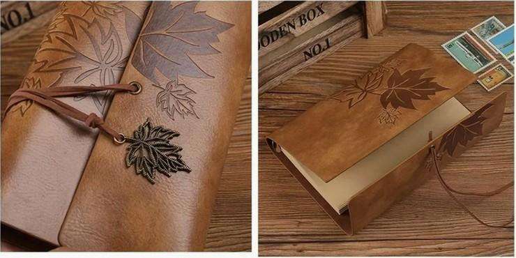 Vintage Maple Leaf Embossed Journal with Wrap Closure - Tan