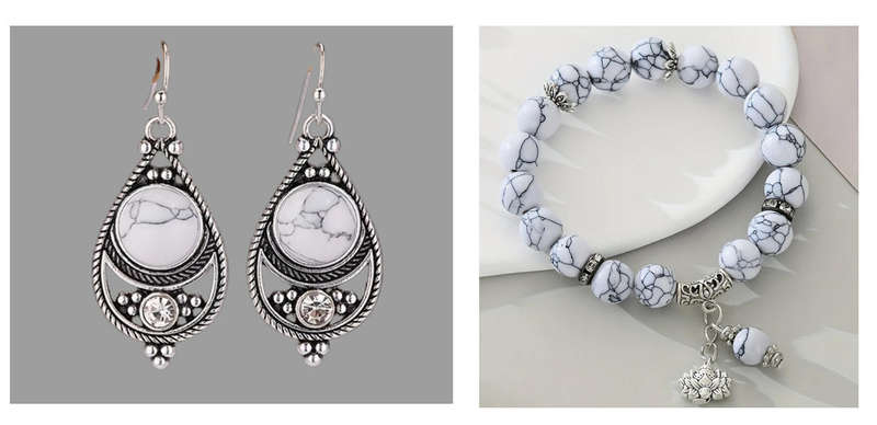 Vintage Style Earrings and Bracelet Set - White Turquoise