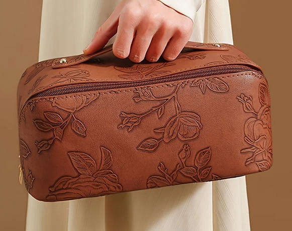 Vintage Floral Embossed Makeup Bag and 5 PCS Birchwood Makeup Brush Set