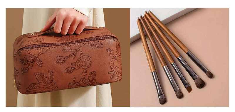 Vintage Floral Embossed Makeup Bag and 5 PCS Birchwood Makeup Brush Set