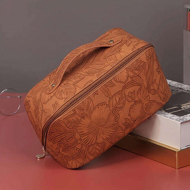 Vintage Floral Embossed Makeup Bag and 5 PCS Birchwood Makeup Brush Set