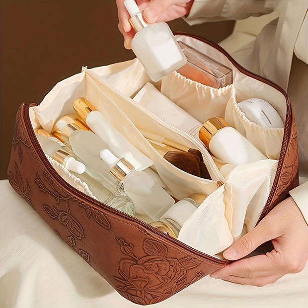 Vintage Floral Embossed Makeup Bag and 5 PCS Birchwood Makeup Brush Set