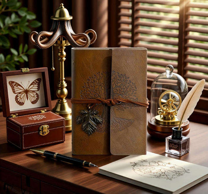 Vintage Tree Embossed Journal with Wrap Closure - Brown