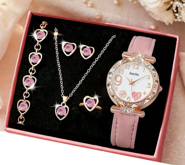 Watch and Jewellery Set - Pink and Rose Gold