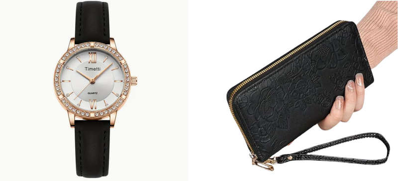 Watch and Floral Embossed Wallet - Black