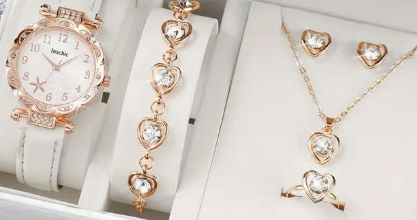 Watch and Jewellery Set - White and Rose Gold