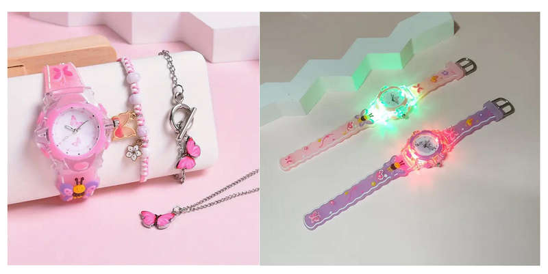 Butterfly LED Light Watch and 3 PCS Jewellery Set - Pink