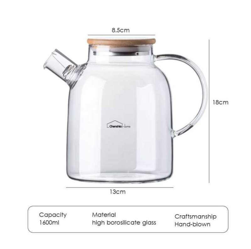 1.6L Traditional Borosilicate Glass Teapot with Wooden Lid