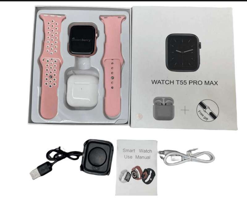 T55 Pro Max Smart Watch with Earbuds & Double Strap - Pink