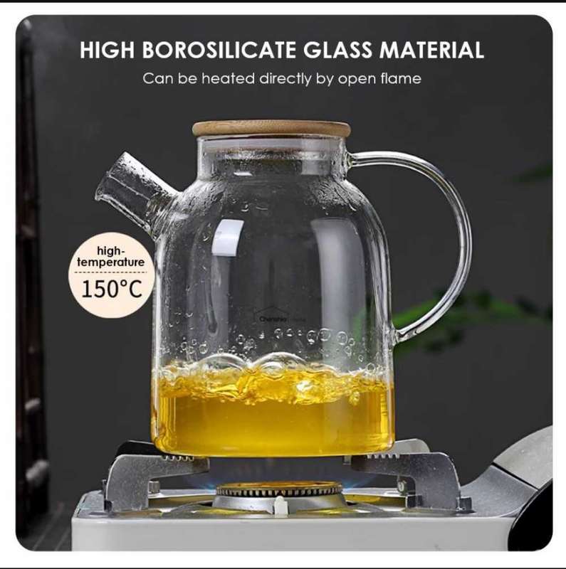1.6L Traditional Borosilicate Glass Teapot with Wooden Lid