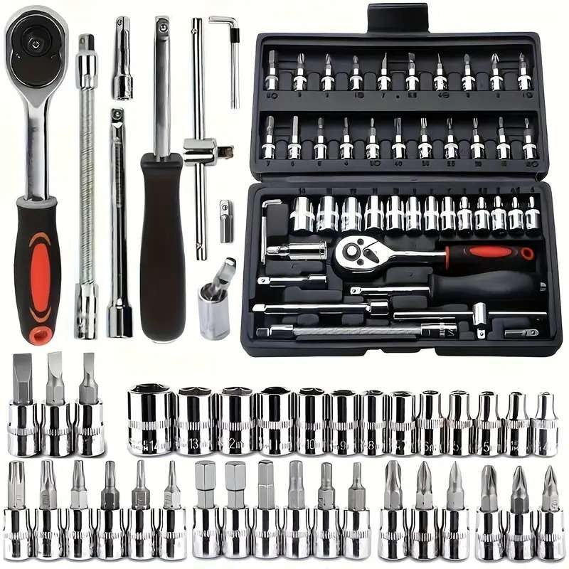 46-Piece Comprehensive Car Repair Tool Kit - 1/4 Inch Drive Socket Ratchet Wrench Set Auto Repairing