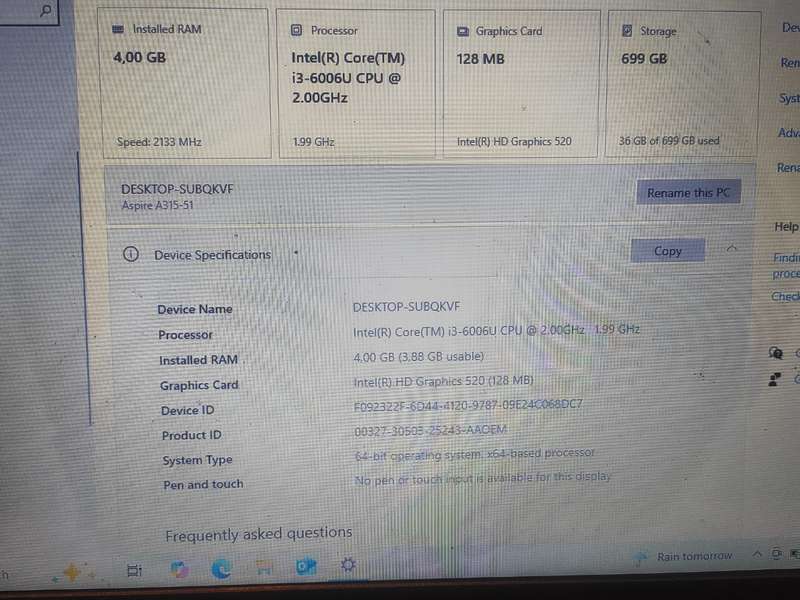 Acer Aspire 3 Intel Core i3-6006U Processor 15.6" Display 4GB RAM 750GB HD WINDOWS 10