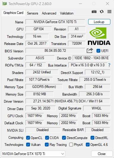 ASUS GEFORCE GTX 1070TI GRAPHICS CARD (GPU)