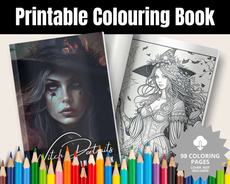 Witch Portraits Adult Coloring Book: Grayscale & Fine Lines | Witches & Animals In Nature (E-Book)