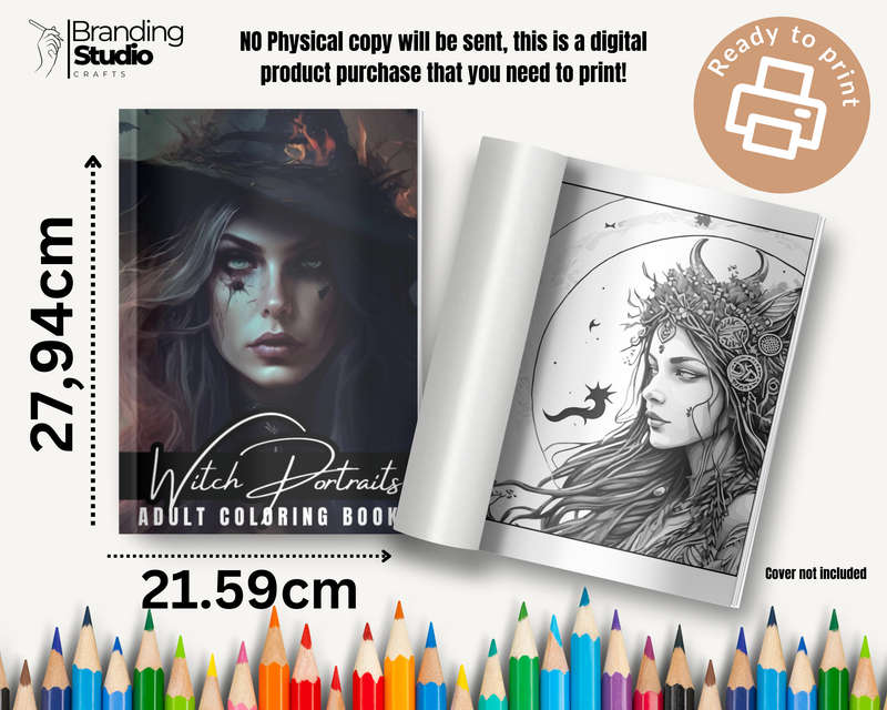 Witch Portraits Adult Coloring Book: Grayscale & Fine Lines | Witches & Animals In Nature (E-Book)