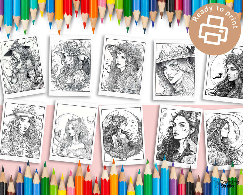 Witch Portraits Adult Coloring Book: Grayscale & Fine Lines | Witches & Animals In Nature (E-Book)