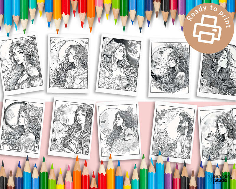 Witch Portraits Adult Coloring Book: Grayscale & Fine Lines | Witches & Animals In Nature (E-Book)