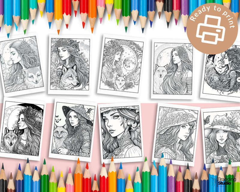 Witch Portraits Adult Coloring Book: Grayscale & Fine Lines | Witches & Animals In Nature (E-Book)