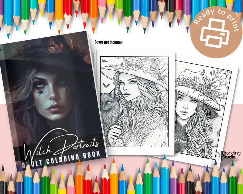 Witch Portraits Adult Coloring Book: Grayscale & Fine Lines | Witches & Animals In Nature (E-Book)