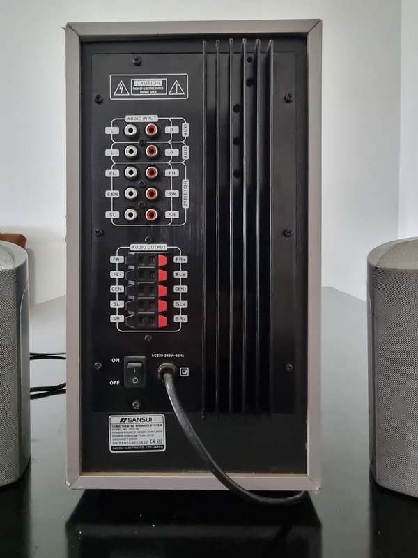 2 PolkAudio Satellite Speakers, Sansui Subwoofer built-in Amp with 5.1 channel speaker output powrfu