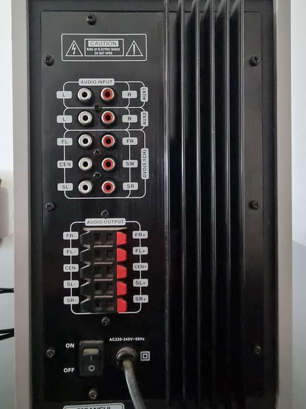 2 PolkAudio Satellite Speakers, Sansui Subwoofer built-in Amp with 5.1 channel speaker output powrfu