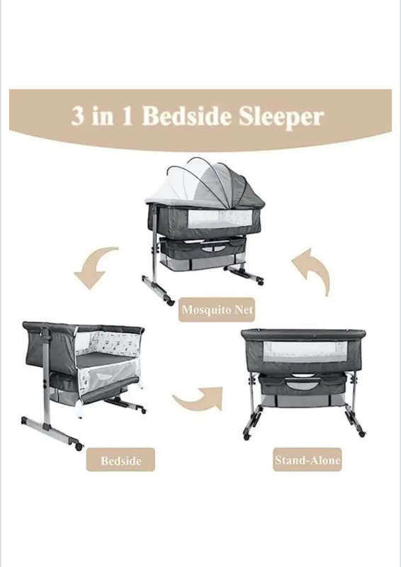 3 In 1 Bedside Baby Bassinet Sleeper Crib With Bed Nets-BLACK