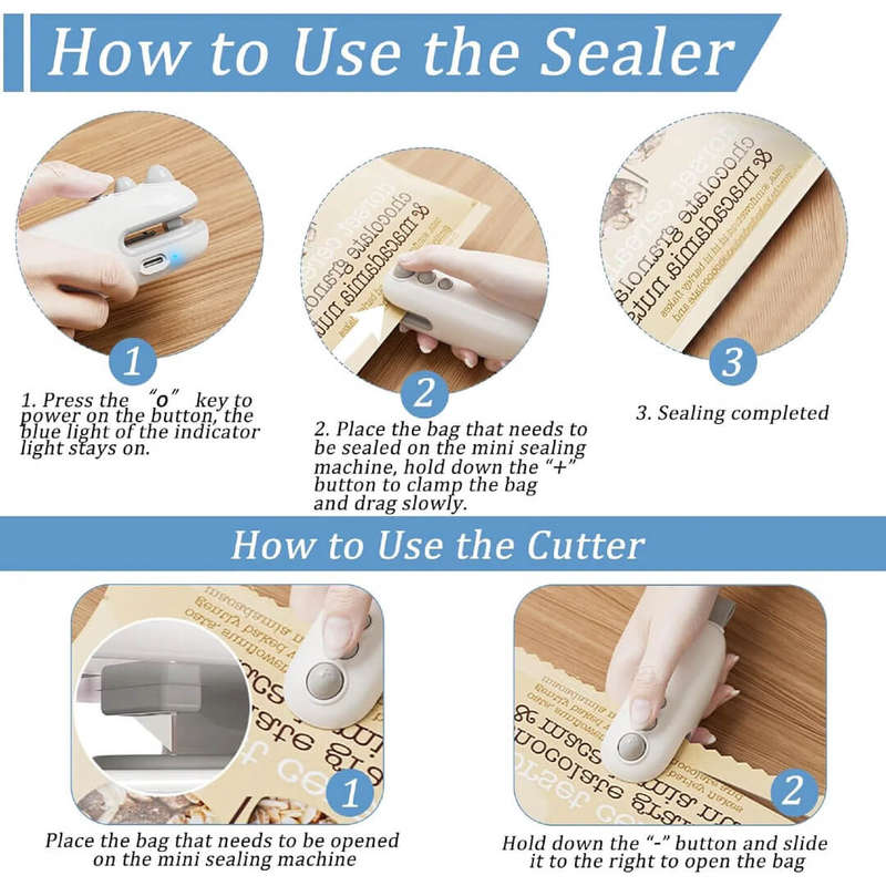 Mini Bag Sealer Little Dolphin Portable - Rechargeable 2 in 1 with cutter
