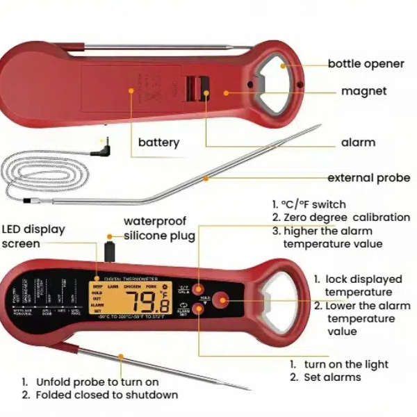 Digital Kitchen Thermometer Dual Probe , for Food Meat Cooking / Braai /Oven  (Red or Black)