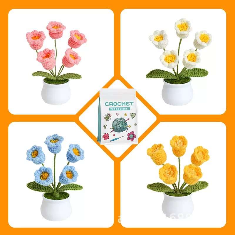 Cute Little Potted Flower Handmade Crochet Knitting DIY Kit with video toturial,Mother's Day Gift
