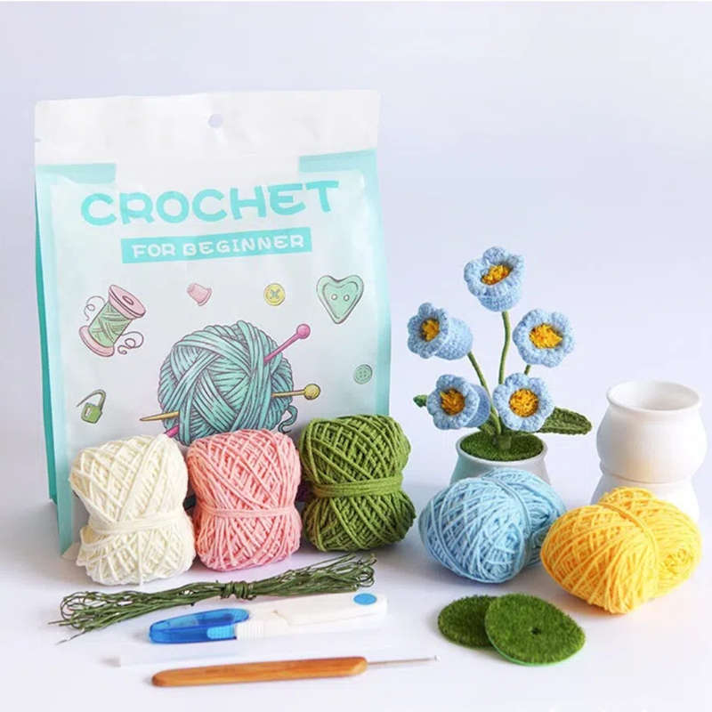 Cute Little Potted Flower Handmade Crochet Knitting DIY Kit with video toturial,Mother's Day Gift
