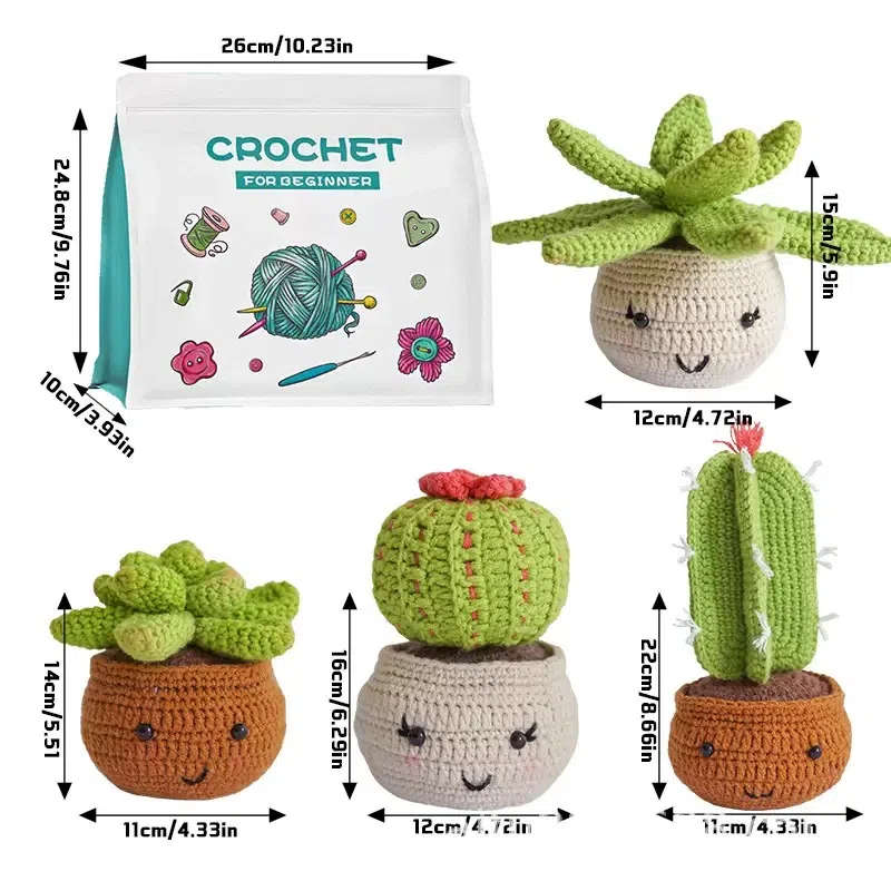 Crochet knitting craft DIY kit -4 pcs succulent cactus plant pot ornament with video tutorials
